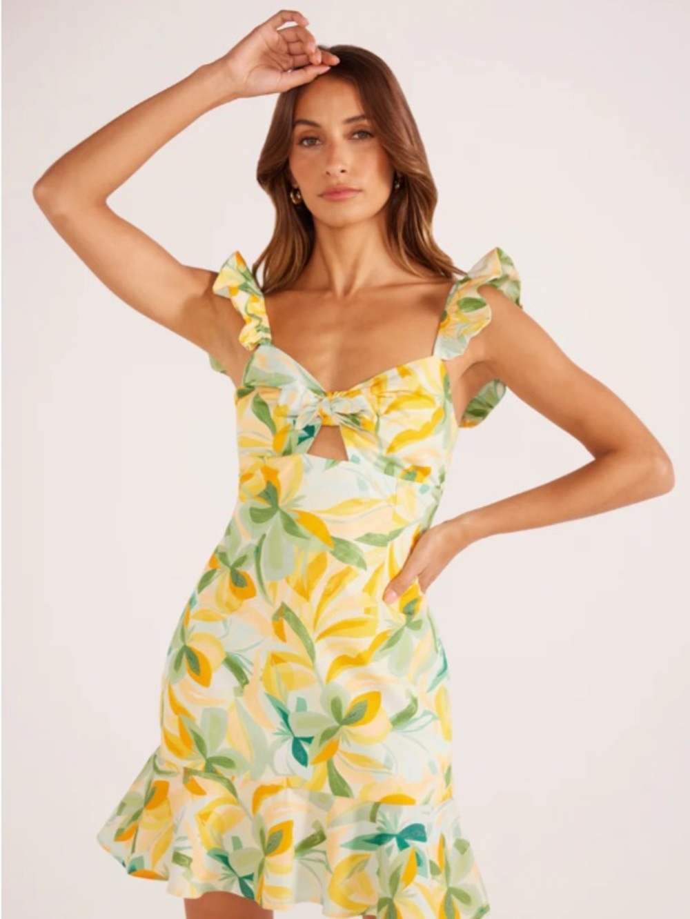 MINKPINK Yellow & Green Tie-Front Ruffle Mini Dress